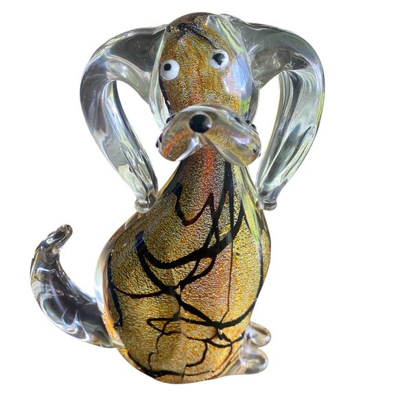 RARE 8” GCA Art Glass Murano Style Dog Puppy Sculpture Layered Gold & Black - Picture 1 of 16